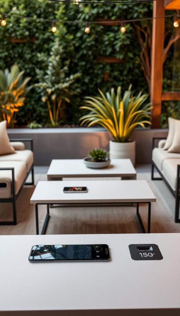 A cozy backyard lounge setting, with a collection of smartly designed table surfaces in the foreground. A sleek, modern coffee table with an integrated wireless charging pad and storage compartments. Flanking it, a pair of side tables with built-in LED lighting and touch-sensitive controls. In the middle ground, a multi-use piece that can function as a low bench, extra seating, or a surface for drinks and plants. Soft, warm lighting from overhead creates a welcoming ambiance, while the background features a lush, verdant garden backdrop. The tables have a clean, minimalist aesthetic, with smooth, tactile surfaces and a harmonious color palette that complements the natural surroundings.