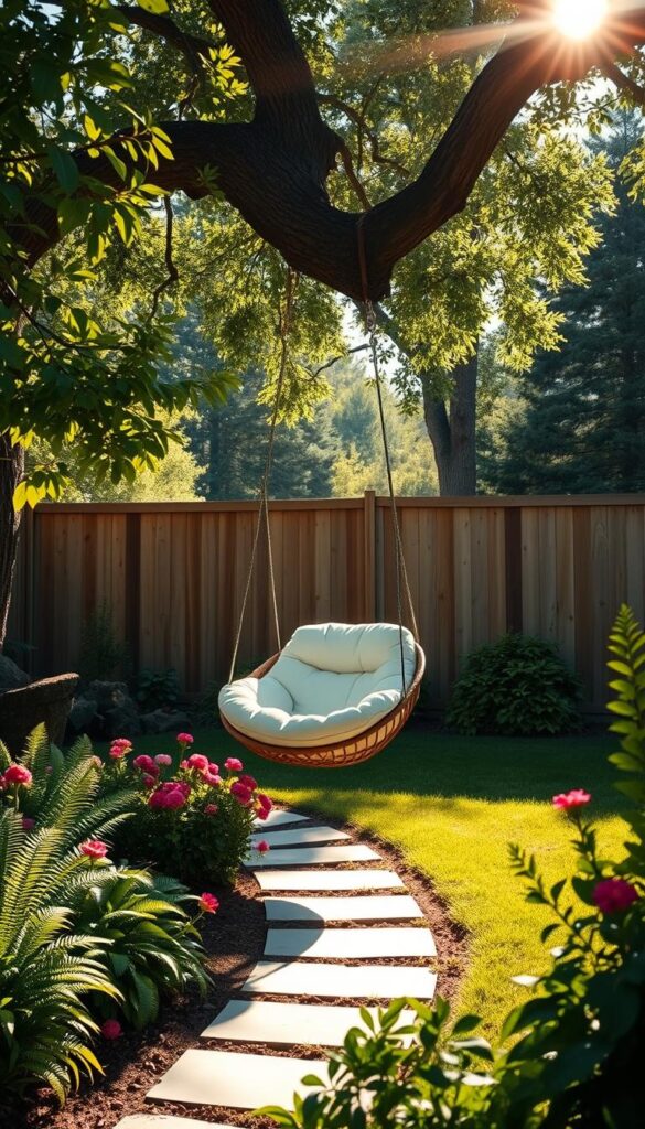 A cozy backyard lounge with a swinging egg chair suspended from a sturdy oak tree branch. Warm afternoon sunlight filters through the lush foliage, casting a soft glow on the plush, oversized cushion of the chair. The chair sways gently, inviting relaxation. In the foreground, verdant ferns and vibrant flowering plants adorn the scene, creating a serene, natural ambiance. In the middle ground, a winding stone path leads to the chair, surrounded by a well-manicured lawn. In the background, a wooden privacy fence and towering trees frame the tranquil setting, conveying a sense of seclusion and comfort.