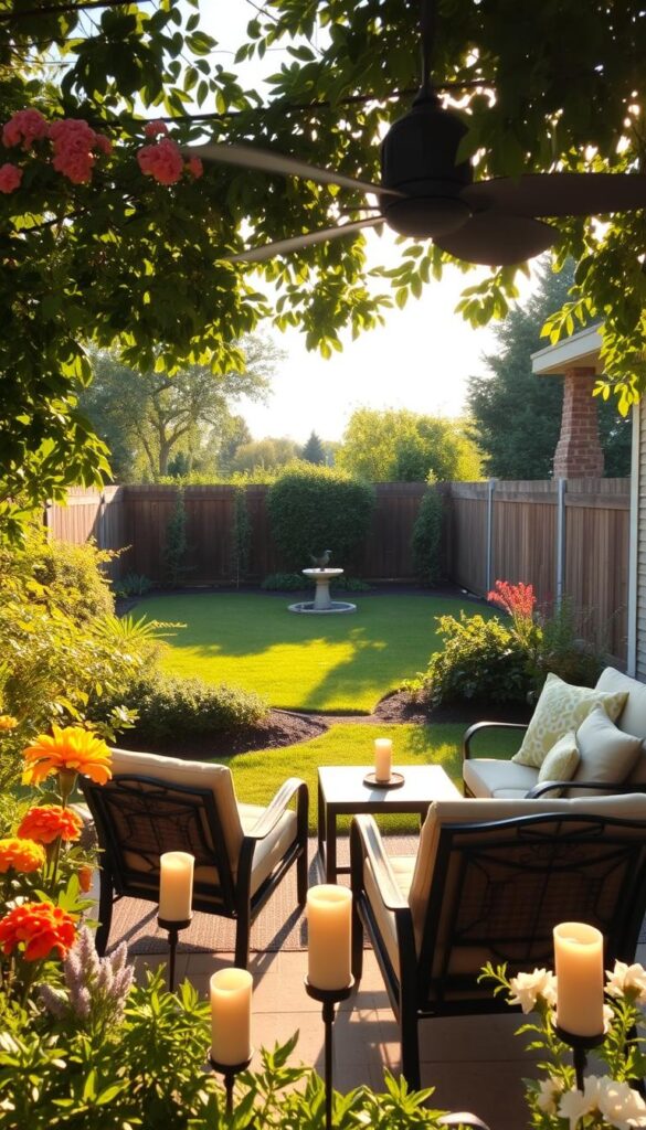 A cozy backyard oasis, bathed in warm afternoon light. Lush greenery and flowering plants adorn the space, creating a serene ambiance. In the foreground, a sturdy patio set with comfortable outdoor furniture invites relaxation. A large, strategically placed oscillating fan gently stirs the air, providing relief from the summer heat. Citronella candles flicker, subtly repelling any unwanted insects. The middle ground features a well-maintained lawn, dotted with ornamental shrubs and a birdbath that attracts local wildlife. In the background, a wooden fence encloses the space, offering privacy and a natural backdrop. The overall scene exudes a sense of tranquility and a perfect setting for an outdoor gathering.