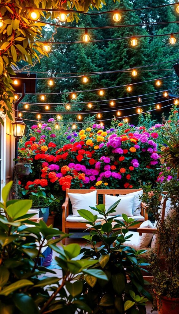 A cozy backyard oasis, bathed in warm, inviting light. In the foreground, a harmonious arrangement of lush potted plants in varied hues of green, their leaves rustling gently. The midground features a charming seating area, with wooden benches and plush cushions in a palette of soft, muted whites and grays. Overhead, a canopy of twinkling string lights casts a magical, diffused glow, creating an intimate, atmospheric ambiance. In the background, a vibrant explosion of color - a mix of blooming flowers in a rainbow of shades, from deep reds and oranges to vivid blues and purples, painting a captivating "color story" across the scene. The overall mood is one of tranquility, comfort, and a celebration of nature's beauty.