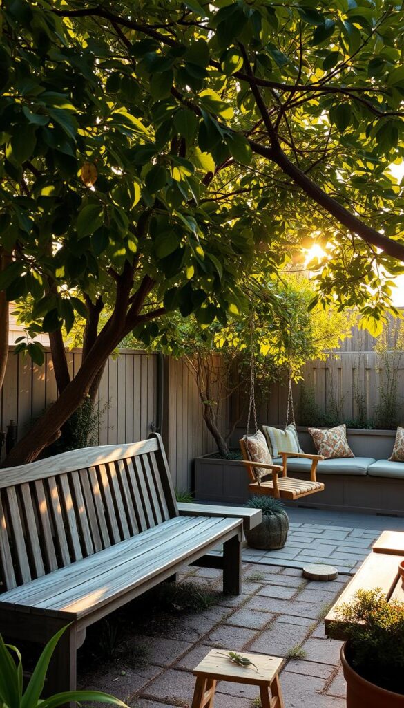 A cozy backyard oasis with a rustic wooden bench nestled under a lush canopy of verdant foliage. Warm, golden sunlight filters through the leaves, casting a gentle glow on the weathered surface. Nearby, a charming wooden swing hangs invitingly from a sturdy branch, swaying gently in the soft breeze. The scene is complemented by a tasteful built-in seating area, seamlessly integrated into the surrounding landscape, offering ample space for relaxation and conversation. The overall atmosphere exudes a sense of tranquility and comfort, perfect for an outdoor retreat.