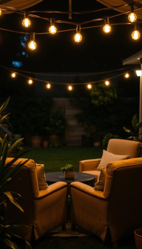 A cozy backyard sanctuary, dimly lit with a warm, inviting glow. In the foreground, a pair of plush, weathered armchairs nestled around a low coffee table, their soft fabrics and muted tones creating a sense of intimacy. Hanging overhead, string lights cast a gentle radiance, their soft bulbs casting a dreamy ambiance over the scene. In the middle ground, lush greenery and potted plants frame the space, adding depth and natural elements. The background features a subtle, blurred boundary, hinting at the larger backyard, while maintaining the focus on this private, tranquil oasis. The overall atmosphere is one of relaxation, comfort, and a retreat from the outside world.