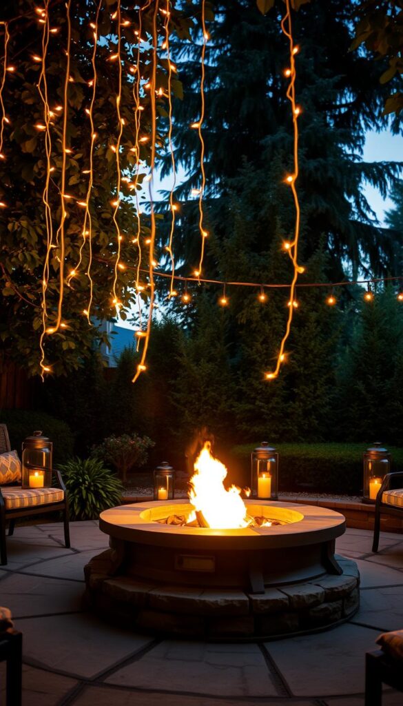 A cozy backyard scene at dusk, illuminated by a warm glow. In the foreground, a fire pit radiates a mesmerizing flame, its flickering light casting shadows on the surrounding patio stones. Cascading from above, delicate string lights dangle in graceful arcs, their soft golden hues creating a magical ambiance. In the middle ground, hurricane lanterns adorned with dancing candles flicker gently, their glass panels casting a gentle, inviting glow. In the background, lush foliage and tall trees frame the scene, their leaves rustling softly in the evening breeze. The overall mood is one of tranquility, comfort, and a touch of enchantment, perfectly suited for a relaxing evening gathered around the fire pit.