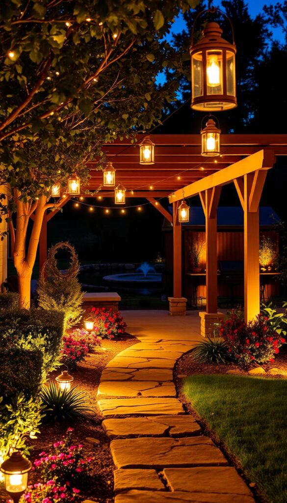 A cozy backyard scene bathed in warm, inviting lighting. In the foreground, a variety of landscape lighting fixtures - path lights lining the stone walkway, spotlights highlighting the vibrant flowerbeds, and a cluster of string lights draped gracefully overhead. The middle ground features a wooden pergola, its beams adorned with delicate lanterns that cast a gentle glow. In the background, a tranquil pond reflects the soft illumination, creating a serene, inviting atmosphere. The overall lighting design is tailored for maximum ambiance, ensuring a safe, comfortable space for relaxation and entertainment on summer evenings. A cozy backyard scene bathed in warm, inviting lighting. In the foreground, a variety of landscape lighting fixtures - path lights lining the stone walkway, spotlights highlighting the vibrant flowerbeds, and a cluster of string lights draped gracefully overhead. The middle ground features a wooden pergola, its beams adorned with delicate lanterns that cast a gentle glow. In the background, a tranquil pond reflects the soft illumination, creating a serene, inviting atmosphere. The overall lighting design is tailored for maximum ambiance, ensuring a safe, comfortable space for relaxation and entertainment on summer evenings.