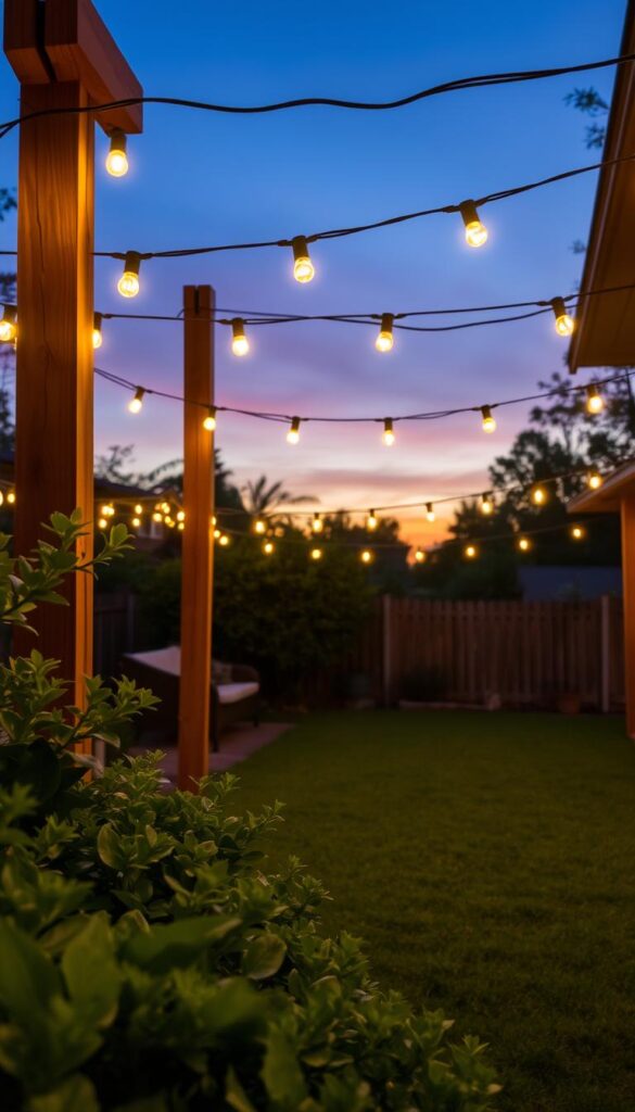 A cozy backyard scene illuminated by a warm, inviting display of string lights. The lights are strung between sturdy wooden posts, casting a gentle glow across the space. The foreground features lush, verdant foliage and a well-tended lawn, while the background showcases a tranquil, sunset-drenched sky. The lighting is natural and soft, creating a welcoming, intimate atmosphere. The camera angle is slightly elevated, capturing the scene from an overhead perspective, emphasizing the inviting ambiance and the harmonious integration of the string lights into the overall backyard setting. A cozy backyard scene illuminated by a warm, inviting display of string lights. The lights are strung between sturdy wooden posts, casting a gentle glow across the space. The foreground features lush, verdant foliage and a well-tended lawn, while the background showcases a tranquil, sunset-drenched sky. The lighting is natural and soft, creating a welcoming, intimate atmosphere. The camera angle is slightly elevated, capturing the scene from an overhead perspective, emphasizing the inviting ambiance and the harmonious integration of the string lights into the overall backyard setting.