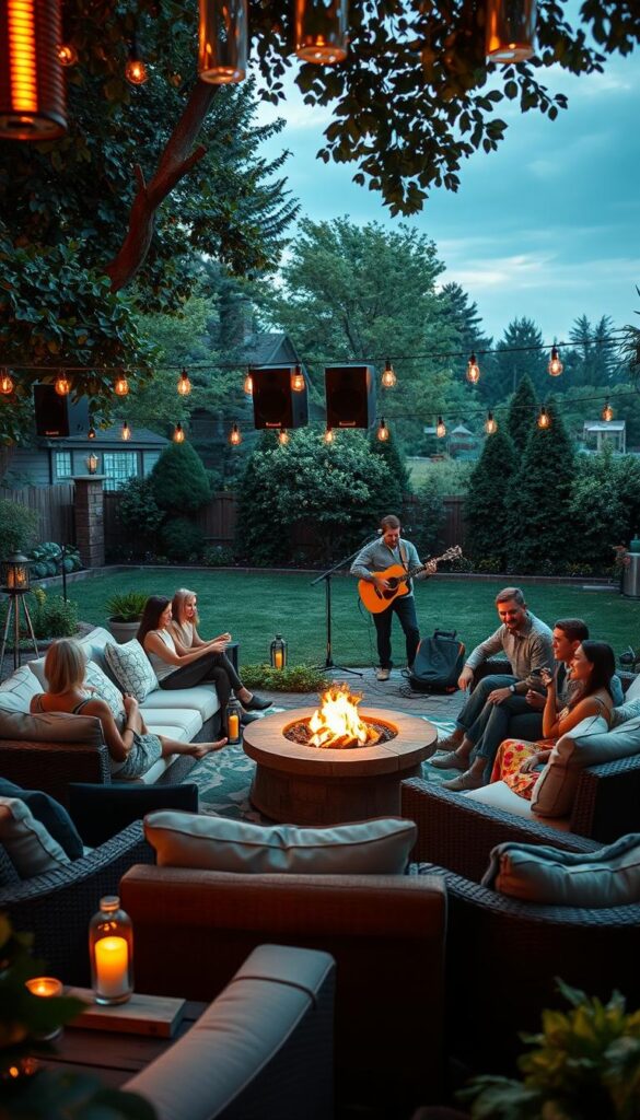 A cozy backyard scene with a lively outdoor music setup. In the foreground, a group of friends gather around a fire pit, relaxing on plush outdoor sofas and armchairs. Soft lighting from lanterns and fairy lights create a warm, intimate ambiance. In the middle ground, a small stage is set up, with a guitarist and bassist performing an acoustic set. Hanging speakers project their melodic tunes across the yard. The background features a well-manicured lawn, lush greenery, and a wooden fence, creating a picturesque, nature-inspired backdrop. The overall mood is one of casual sophistication, where the focus is on enjoying good music, good company, and the tranquility of the outdoor space.