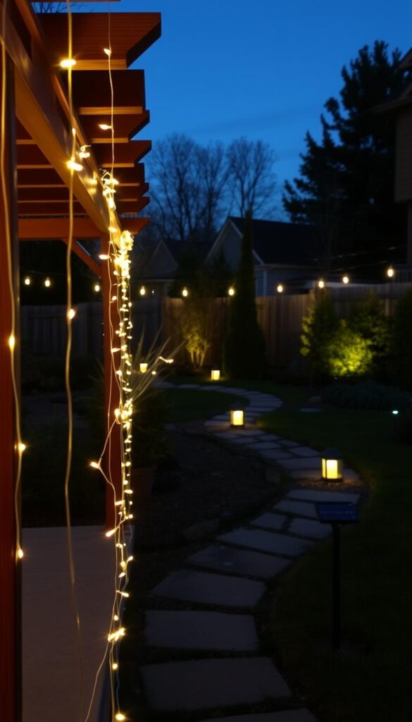 A cozy backyard setting at dusk, with a warm, inviting glow emanating from a variety of ambient outdoor lights. In the foreground, delicate string lights cast a soft, twinkling illumination across a wooden pergola or gazebo, creating a romantic, intimate atmosphere. In the middle ground, solar-powered lanterns or pathway markers line a winding stone or gravel walkway, guiding the eye through the lush, well-maintained garden. In the background, a mix of floodlights and spotlights skillfully highlight the texture and depth of the landscape, casting dramatic shadows and accentuating the natural beauty of the space. The overall mood is one of tranquility, safety, and a touch of whimsy, perfect for a spring evening spent outdoors.