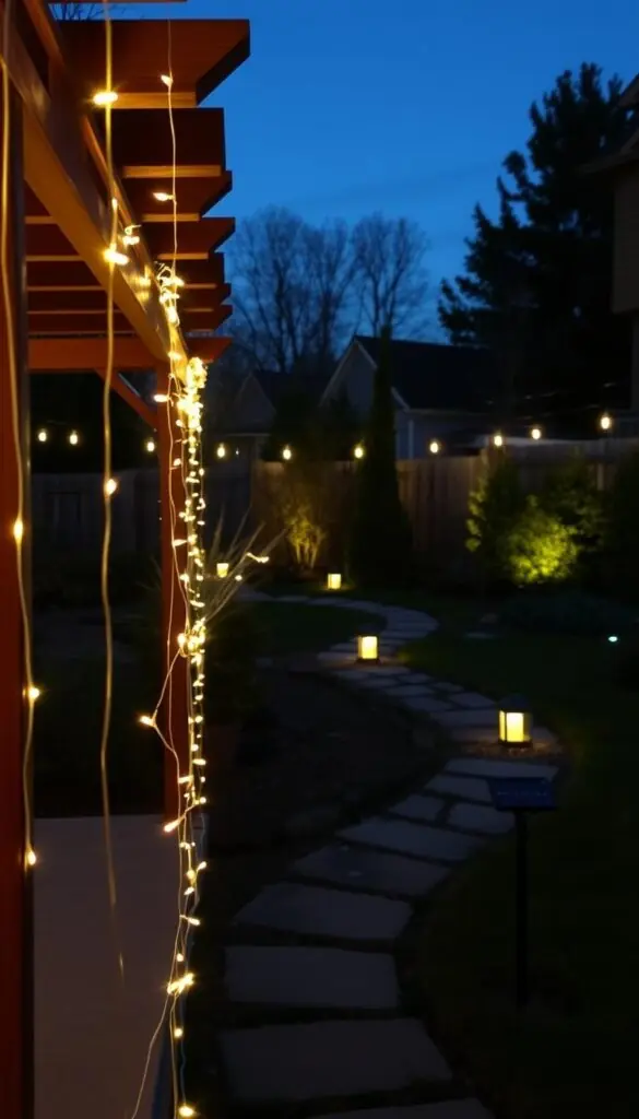 A cozy backyard setting at dusk, with a warm, inviting glow emanating from a variety of ambient outdoor lights. In the foreground, delicate string lights cast a soft, twinkling illumination across a wooden pergola or gazebo, creating a romantic, intimate atmosphere. In the middle ground, solar-powered lanterns or pathway markers line a winding stone or gravel walkway, guiding the eye through the lush, well-maintained garden. In the background, a mix of floodlights and spotlights skillfully highlight the texture and depth of the landscape, casting dramatic shadows and accentuating the natural beauty of the space. The overall mood is one of tranquility, safety, and a touch of whimsy, perfect for a spring evening spent outdoors. A cozy backyard setting at dusk, with a warm, inviting glow emanating from a variety of ambient outdoor lights. In the foreground, delicate string lights cast a soft, twinkling illumination across a wooden pergola or gazebo, creating a romantic, intimate atmosphere. In the middle ground, solar-powered lanterns or pathway markers line a winding stone or gravel walkway, guiding the eye through the lush, well-maintained garden. In the background, a mix of floodlights and spotlights skillfully highlight the texture and depth of the landscape, casting dramatic shadows and accentuating the natural beauty of the space. The overall mood is one of tranquility, safety, and a touch of whimsy, perfect for a spring evening spent outdoors.