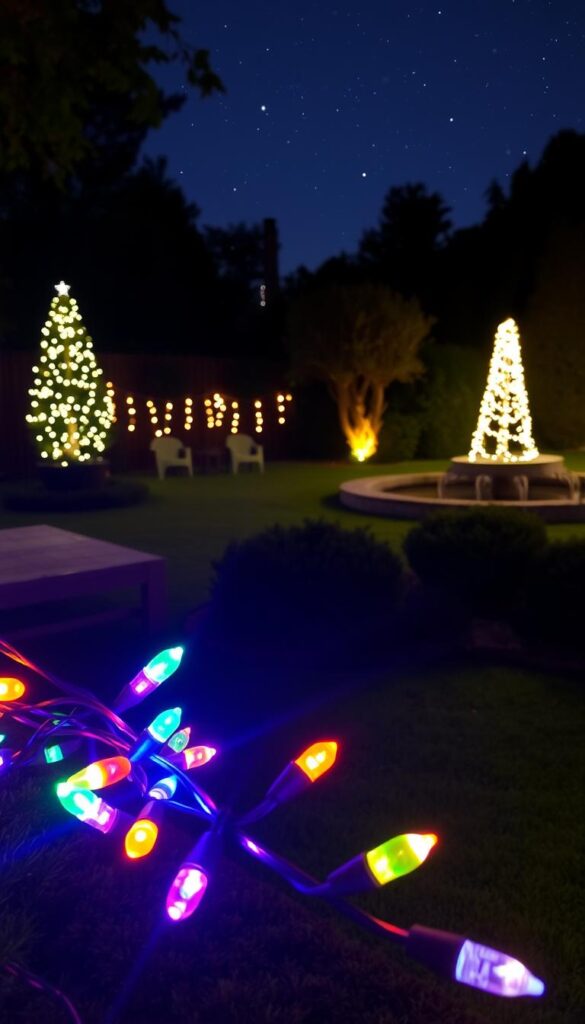 A cozy backyard setting illuminated by a captivating display of LED Christmas lights. In the foreground, a carefully arranged string of multicolored bulbs casts a warm, enchanting glow across the landscape. In the middle ground, a lush, verdant lawn and neatly trimmed bushes provide a natural backdrop, complementing the sparkling lights. The background features a tranquil, starry night sky, with the lights reflecting off a calm pond or water feature, creating a serene and magical atmosphere. The lighting is soft, diffused, and evenly distributed, highlighting the energy-efficient and long-lasting nature of the LED technology. The overall composition conveys a sense of festive charm, inviting the viewer to step into this enchanting holiday oasis.