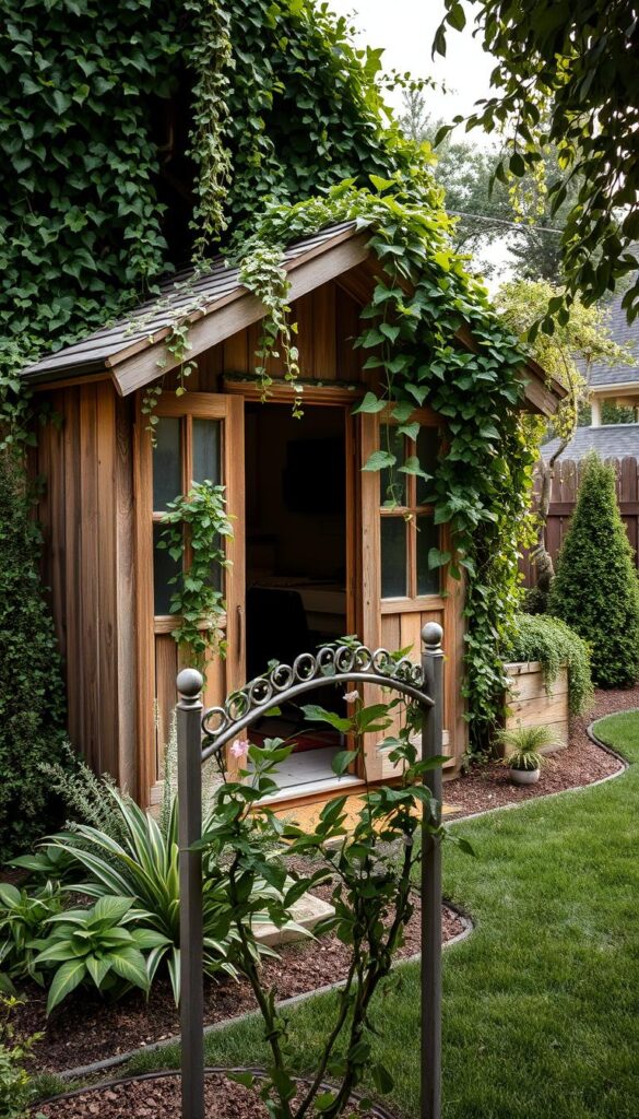A cozy backyard shed nestled amidst a lush, vertical garden. The shed, crafted from rustic wood and adorned with weathered paneling, stands as a charming focal point. Trailing vines and cascading greenery spill from its walls, creating a naturalistic, sanctuary-like atmosphere. Soft, diffused lighting filters through the foliage, casting a warm, inviting glow. In the foreground, an ornate trellis supports a thriving climbing plant, its delicate flowers adding a vibrant splash of color. The background features a carefully manicured lawn, dotted with landscaping elements that seamlessly blend the shed into its tranquil, picturesque setting. A cozy backyard shed nestled amidst a lush, vertical garden. The shed, crafted from rustic wood and adorned with weathered paneling, stands as a charming focal point. Trailing vines and cascading greenery spill from its walls, creating a naturalistic, sanctuary-like atmosphere. Soft, diffused lighting filters through the foliage, casting a warm, inviting glow. In the foreground, an ornate trellis supports a thriving climbing plant, its delicate flowers adding a vibrant splash of color. The background features a carefully manicured lawn, dotted with landscaping elements that seamlessly blend the shed into its tranquil, picturesque setting.