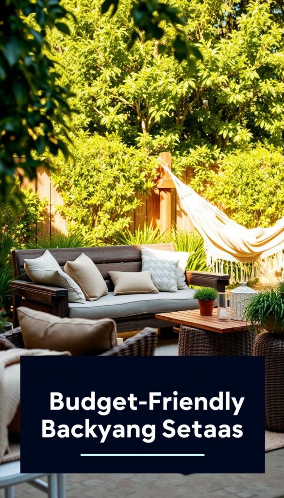 A cozy backyard with a variety of budget-friendly seating options, including a rustic wooden bench, a wicker loveseat, and a hammock nestled amongst lush greenery. Warm natural lighting casts a soft glow, creating an inviting and relaxed atmosphere. In the foreground, a mix of cushions, throws, and pillows in earthy tones and textures add comfort and visual interest. The middle ground features a simple DIY bench made from reclaimed wood, while in the background, a hammock sways gently, promising a serene spot to unwind. The overall scene conveys a sense of casual elegance and practicality, perfect for an article on budget-friendly backyard seating ideas. A cozy backyard with a variety of budget-friendly seating options, including a rustic wooden bench, a wicker loveseat, and a hammock nestled amongst lush greenery. Warm natural lighting casts a soft glow, creating an inviting and relaxed atmosphere. In the foreground, a mix of cushions, throws, and pillows in earthy tones and textures add comfort and visual interest. The middle ground features a simple DIY bench made from reclaimed wood, while in the background, a hammock sways gently, promising a serene spot to unwind. The overall scene conveys a sense of casual elegance and practicality, perfect for an article on budget-friendly backyard seating ideas.