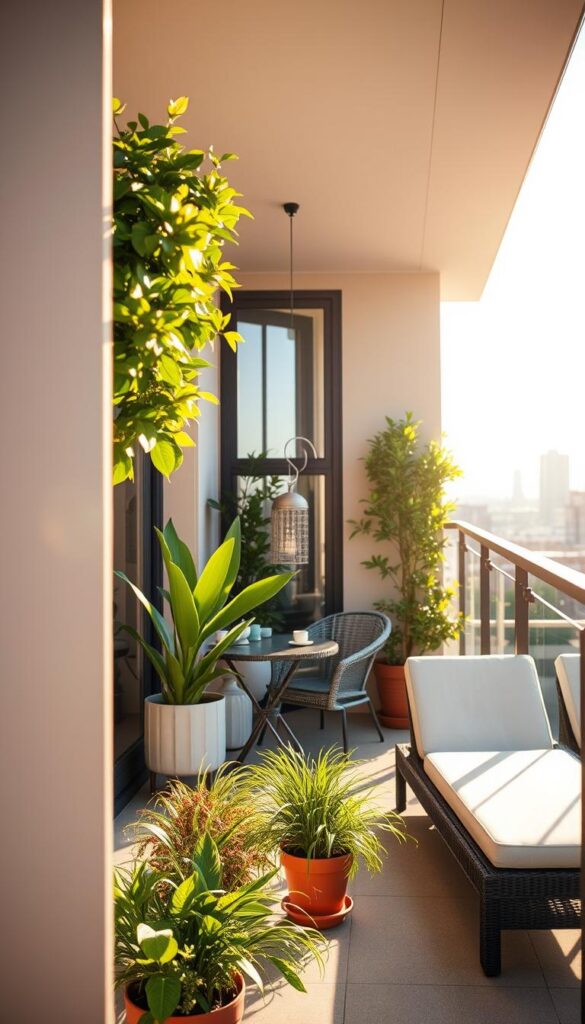 A cozy balcony scene with a designer's vision, bathed in warm afternoon sunlight. In the foreground, a sleek, modern balcony railing frames the view. Lush potted plants and a stylish outdoor chaise invite relaxation. The middle ground features a small bistro table with two chairs, perfect for an intimate alfresco dining experience. In the background, a city skyline gently fades into the distance, hinting at the urban context. The overall mood is one of tranquil sophistication, inspiring the homeowner to curate their balcony into a delightful oasis. A cozy balcony scene with a designer's vision, bathed in warm afternoon sunlight. In the foreground, a sleek, modern balcony railing frames the view. Lush potted plants and a stylish outdoor chaise invite relaxation. The middle ground features a small bistro table with two chairs, perfect for an intimate alfresco dining experience. In the background, a city skyline gently fades into the distance, hinting at the urban context. The overall mood is one of tranquil sophistication, inspiring the homeowner to curate their balcony into a delightful oasis.