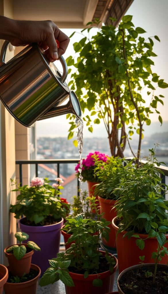 A cozy balcony setting with lush, thriving potted plants being gently watered under a warm, natural light. The foreground features a hand holding a watering can, delicately pouring water over the soil, creating a soothing, rhythmic sound. In the middle ground, a variety of vibrant flowers, herbs, and leafy greens cascade from colorful containers, creating a verdant, inviting atmosphere. The background showcases a scenic cityscape or serene natural landscape, adding depth and tranquility to the scene. The overall mood is one of calm, nurturing care, and the pleasant satisfaction of tending to one's balcony oasis.