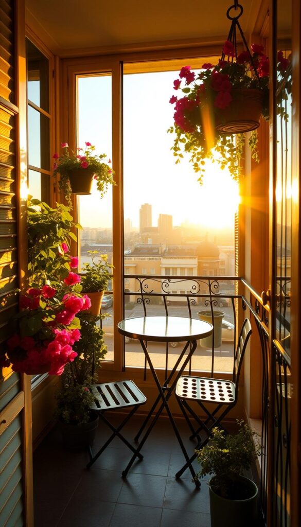 A cozy balcony with wrought-iron railings and lush potted plants, bathed in warm, golden afternoon sunlight streaming through large windows. A small bistro table with two chairs invites alfresco dining, complemented by vibrant blooms cascading from hanging baskets. The scene exudes an intimate, charming atmosphere, perfect for a quiet meal or relaxing with a cup of coffee, overlooking the bustling cityscape beyond. A wide-angle lens captures the scene, showcasing the balcony's compact yet inviting layout and the interplay of indoor and outdoor elements. A cozy balcony with wrought-iron railings and lush potted plants, bathed in warm, golden afternoon sunlight streaming through large windows. A small bistro table with two chairs invites alfresco dining, complemented by vibrant blooms cascading from hanging baskets. The scene exudes an intimate, charming atmosphere, perfect for a quiet meal or relaxing with a cup of coffee, overlooking the bustling cityscape beyond. A wide-angle lens captures the scene, showcasing the balcony's compact yet inviting layout and the interplay of indoor and outdoor elements.