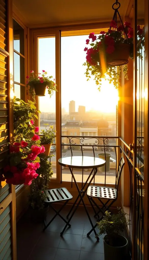 A cozy balcony with wrought-iron railings and lush potted plants, bathed in warm, golden afternoon sunlight streaming through large windows. A small bistro table with two chairs invites alfresco dining, complemented by vibrant blooms cascading from hanging baskets. The scene exudes an intimate, charming atmosphere, perfect for a quiet meal or relaxing with a cup of coffee, overlooking the bustling cityscape beyond. A wide-angle lens captures the scene, showcasing the balcony's compact yet inviting layout and the interplay of indoor and outdoor elements.