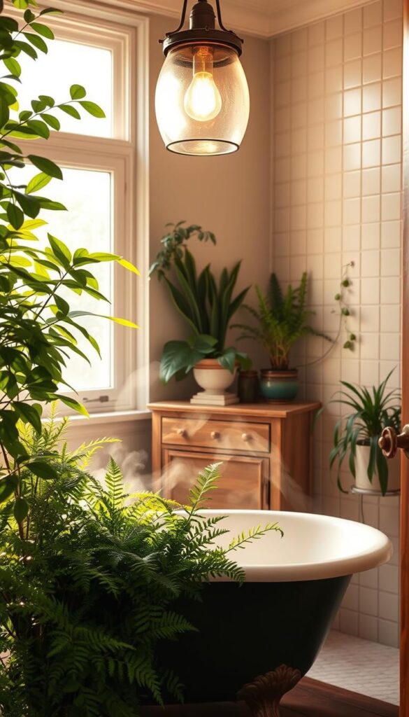 A cozy bathroom interior, bathed in warm, diffused light filtering through a frosted window. In the foreground, a lush arrangement of low-light houseplants thrives, their verdant foliage cascading gracefully over the edge of a vintage claw-foot tub. Layers of ferns, philodendrons, and Chinese evergreens create a serene, spa-like atmosphere, complemented by the gentle steam rising from the tub. The middle ground features a weathered wood vanity with a simple, minimalist design, topped with a porcelain sink. Hanging from the ceiling, a rustic pendant light casts a soft, ambient glow, highlighting the textures and tones of the natural elements. In the background, a tiled wall in a soothing neutral palette provides a clean, modern backdrop for this tranquil, plant-filled sanctuary.