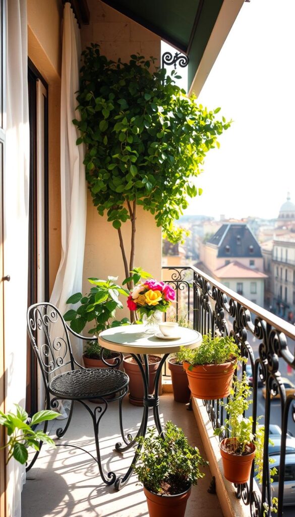 A cozy bistro set nestled on a sun-dappled balcony, overlooking a charming cityscape. Ornate wrought-iron chairs and a small round table, adorned with a vibrant floral centerpiece, invite you to linger over a leisurely coffee or glass of wine. Soft natural light filters through sheer curtains, casting a warm glow on the scene. Lush potted plants and a neatly tended herb garden add a touch of verdant beauty, while a wrought-iron railing frames the balcony's edge, offering a glimpse of the bustling streets below. This inviting outdoor oasis perfectly captures the essence of gracious alfresco living.