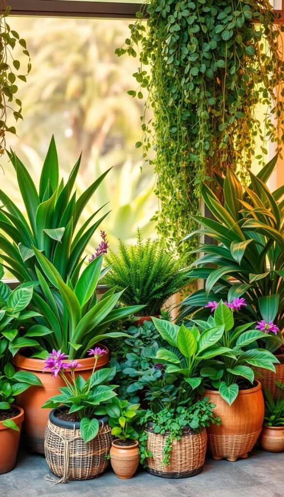 A cozy corner filled with a variety of lush, vibrant potted plants and planters, arranged in a visually appealing and harmonious composition. The foreground features an eclectic mix of leafy, flowering, and textured specimens, each with its own unique character, neatly contained in a range of terracotta, ceramic, and woven baskets. The middle ground showcases larger, statement-making plants, their cascading foliage framing the scene. The background gently fades into a soft, blurred natural setting, suggesting the serene ambiance of a tranquil garden oasis. Warm, diffused lighting casts a gentle glow, accentuating the plants' vivid colors and textures. The overall mood is one of lush, calming elegance, perfectly suited to creating a relaxing, visually captivating corner.