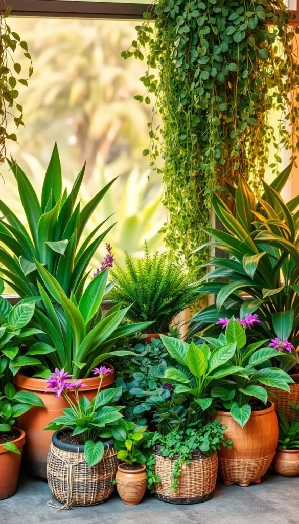 A cozy corner filled with a variety of lush, vibrant potted plants and planters, arranged in a visually appealing and harmonious composition. The foreground features an eclectic mix of leafy, flowering, and textured specimens, each with its own unique character, neatly contained in a range of terracotta, ceramic, and woven baskets. The middle ground showcases larger, statement-making plants, their cascading foliage framing the scene. The background gently fades into a soft, blurred natural setting, suggesting the serene ambiance of a tranquil garden oasis. Warm, diffused lighting casts a gentle glow, accentuating the plants' vivid colors and textures. The overall mood is one of lush, calming elegance, perfectly suited to creating a relaxing, visually captivating corner. A cozy corner filled with a variety of lush, vibrant potted plants and planters, arranged in a visually appealing and harmonious composition. The foreground features an eclectic mix of leafy, flowering, and textured specimens, each with its own unique character, neatly contained in a range of terracotta, ceramic, and woven baskets. The middle ground showcases larger, statement-making plants, their cascading foliage framing the scene. The background gently fades into a soft, blurred natural setting, suggesting the serene ambiance of a tranquil garden oasis. Warm, diffused lighting casts a gentle glow, accentuating the plants' vivid colors and textures. The overall mood is one of lush, calming elegance, perfectly suited to creating a relaxing, visually captivating corner.