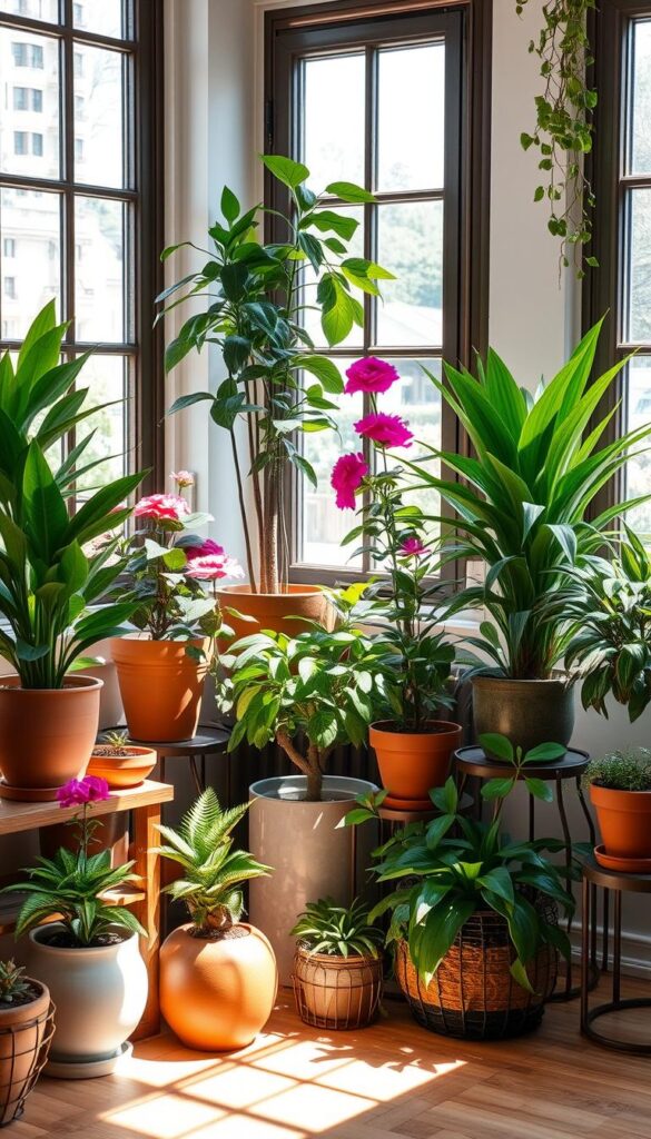 A cozy corner filled with thriving potted plants, bathed in soft natural light filtering through large windows. A variety of lush foliage and vibrant blooms in ceramic, terracotta, and wire planters, artfully arranged on a wooden table or shelving unit. The scene exudes a sense of serenity and calm, perfect for an indoor plant oasis that can be easily maintained before a vacation. Subtle shadows cast by the plants create a sense of depth, while the overall composition is balanced and visually appealing. The warm, inviting atmosphere sets the stage for simple, low-maintenance setups to keep potted plants alive and thriving during your time away.