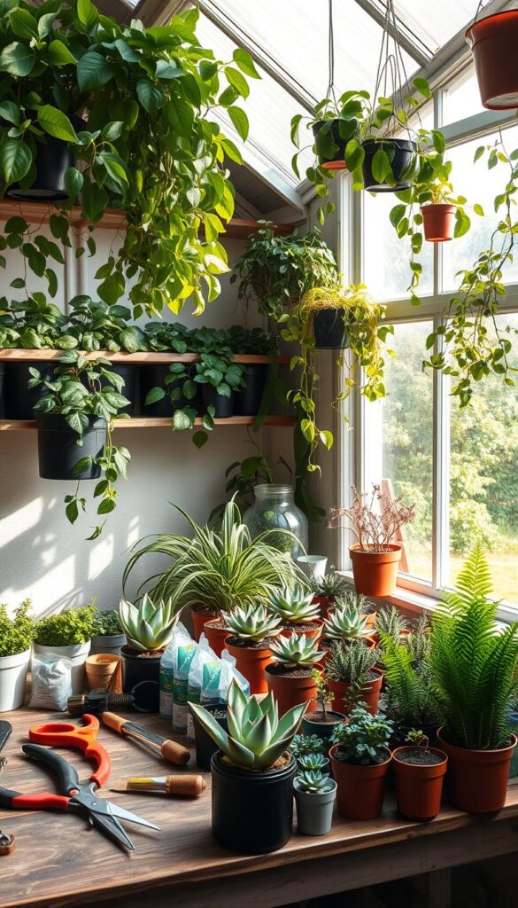 A cozy corner of a well-lit greenhouse, with healthy green plants thriving on shelves and hanging from the ceiling. Soft, diffused lighting filters through large windows, casting warm shadows and highlighting the lush foliage. In the foreground, a gardener's workbench is neatly organized with pruning shears, soil amendments, and other essential tools for fall plant care. Potted succulents, ferns, and flowering houseplants are carefully arranged, ready to be tended to and transitioned indoors. The overall atmosphere is one of calm, confidence, and the joy of nurturing nature's bounty, perfectly capturing the "Start Smart" theme.
