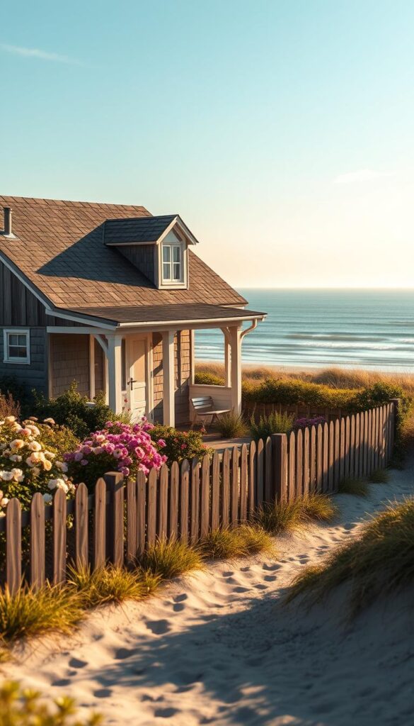 A cozy cottage nestled along a serene coastal landscape, bathed in warm afternoon sunlight. The exterior features weathered wood siding, a pitched roof with charming dormers, and a welcoming front porch. Lush, vibrant flower beds in soft pastel hues border the perimeter, framing the scene with a delicate, romantic touch. In the middle ground, a wooden fence runs parallel, separating the property from the sandy beach and gently lapping waves beyond. The background is a softly blurred seascape, with a hazy horizon line and a few wispy clouds drifting overhead, creating a tranquil, contemporary atmosphere. A cozy cottage nestled along a serene coastal landscape, bathed in warm afternoon sunlight. The exterior features weathered wood siding, a pitched roof with charming dormers, and a welcoming front porch. Lush, vibrant flower beds in soft pastel hues border the perimeter, framing the scene with a delicate, romantic touch. In the middle ground, a wooden fence runs parallel, separating the property from the sandy beach and gently lapping waves beyond. The background is a softly blurred seascape, with a hazy horizon line and a few wispy clouds drifting overhead, creating a tranquil, contemporary atmosphere.