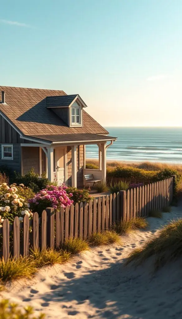 A cozy cottage nestled along a serene coastal landscape, bathed in warm afternoon sunlight. The exterior features weathered wood siding, a pitched roof with charming dormers, and a welcoming front porch. Lush, vibrant flower beds in soft pastel hues border the perimeter, framing the scene with a delicate, romantic touch. In the middle ground, a wooden fence runs parallel, separating the property from the sandy beach and gently lapping waves beyond. The background is a softly blurred seascape, with a hazy horizon line and a few wispy clouds drifting overhead, creating a tranquil, contemporary atmosphere. A cozy cottage nestled along a serene coastal landscape, bathed in warm afternoon sunlight. The exterior features weathered wood siding, a pitched roof with charming dormers, and a welcoming front porch. Lush, vibrant flower beds in soft pastel hues border the perimeter, framing the scene with a delicate, romantic touch. In the middle ground, a wooden fence runs parallel, separating the property from the sandy beach and gently lapping waves beyond. The background is a softly blurred seascape, with a hazy horizon line and a few wispy clouds drifting overhead, creating a tranquil, contemporary atmosphere.