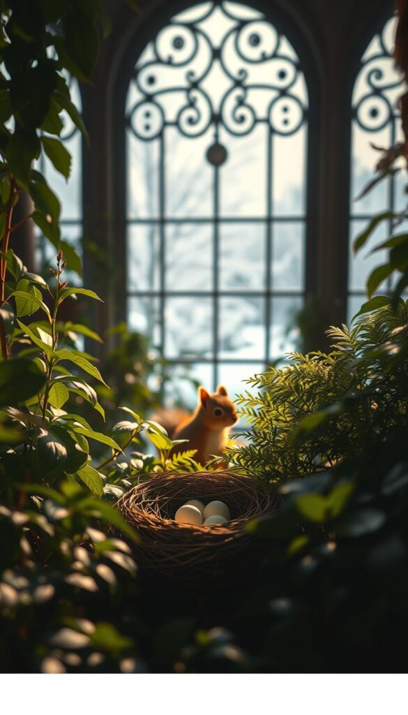 A cozy, dimly lit indoor garden scene with lush, verdant foliage and gentle wildlife. In the foreground, a bird's nest with delicate eggs nestled amidst the plants. Soft, warm lighting filters through the leaves, casting a tranquil glow. In the middle ground, a small, inquisitive squirrel peeks out from behind a cluster of ferns. The background features a large, ornate window overlooking a snowy winter landscape, creating a serene contrast. Overall, a peaceful, harmonious composition that evokes a sense of calm and wonder. A cozy, dimly lit indoor garden scene with lush, verdant foliage and gentle wildlife. In the foreground, a bird's nest with delicate eggs nestled amidst the plants. Soft, warm lighting filters through the leaves, casting a tranquil glow. In the middle ground, a small, inquisitive squirrel peeks out from behind a cluster of ferns. The background features a large, ornate window overlooking a snowy winter landscape, creating a serene contrast. Overall, a peaceful, harmonious composition that evokes a sense of calm and wonder.