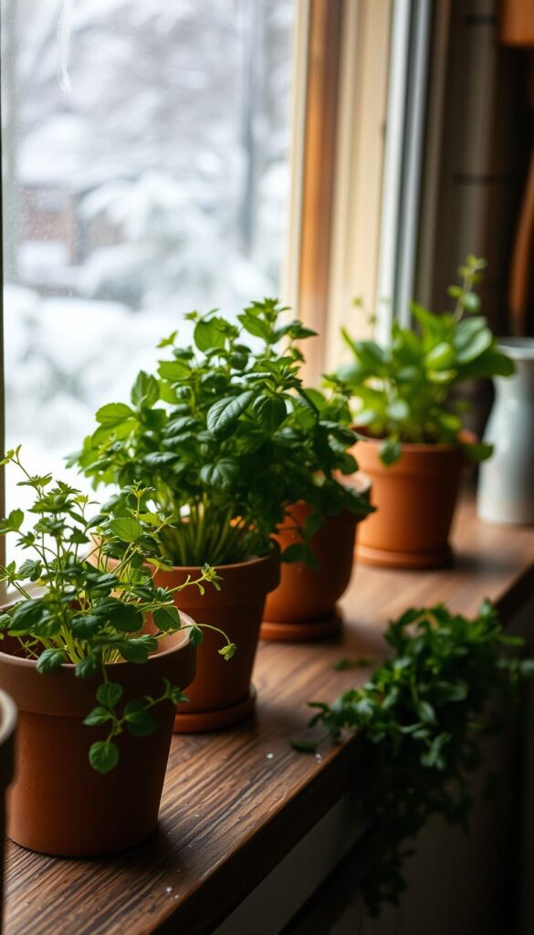 A cozy, dimly lit indoor scene with a set of potted winter-hardy herbs thriving on a kitchen windowsill. The plants are lush and verdant, their leaves glistening with droplets of water. A soft, warm light from the window bathes the scene, casting gentle shadows and highlighting the textures of the terracotta pots and wooden sill. In the background, a blurred view of a snow-covered landscape outside the window, creating a sense of seasonal contrast. The overall mood is one of serene, natural abundance, inviting the viewer to imagine the fresh, earthy aroma of these resilient, cold-weather herbs. A cozy, dimly lit indoor scene with a set of potted winter-hardy herbs thriving on a kitchen windowsill. The plants are lush and verdant, their leaves glistening with droplets of water. A soft, warm light from the window bathes the scene, casting gentle shadows and highlighting the textures of the terracotta pots and wooden sill. In the background, a blurred view of a snow-covered landscape outside the window, creating a sense of seasonal contrast. The overall mood is one of serene, natural abundance, inviting the viewer to imagine the fresh, earthy aroma of these resilient, cold-weather herbs.