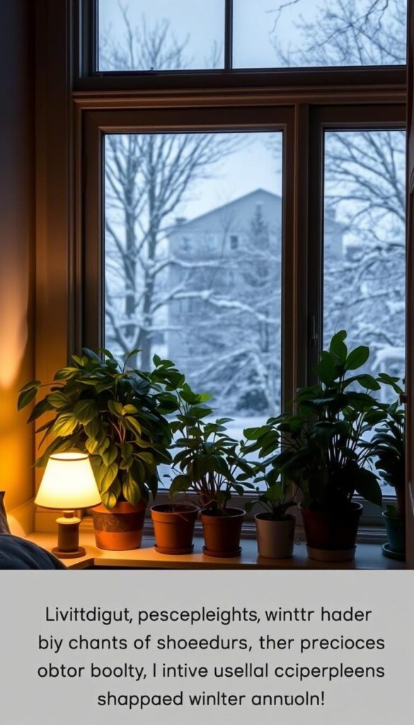 A cozy, dimly lit study with a large window overlooking a snowy winter landscape. Soft, warm lighting emanates from a small table lamp, casting a gentle glow on the potted houseplants arranged on the windowsill. The plants' lush green foliage stands in stark contrast to the muted tones of the outdoor scene, highlighting the limited but precious hours of usable daylight during the shorter winter days. The scene conveys a sense of tranquility and contemplation, inviting the viewer to consider the unique light needs of indoor plants during the colder months.
