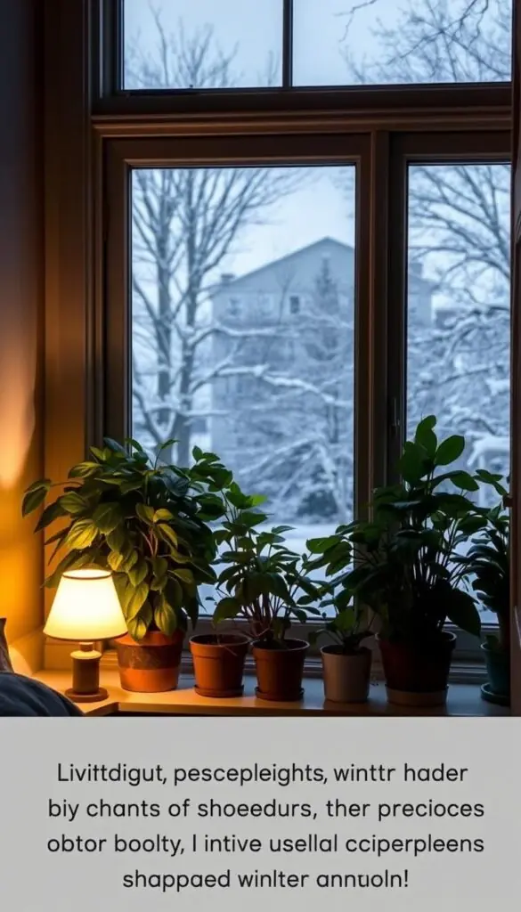A cozy, dimly lit study with a large window overlooking a snowy winter landscape. Soft, warm lighting emanates from a small table lamp, casting a gentle glow on the potted houseplants arranged on the windowsill. The plants' lush green foliage stands in stark contrast to the muted tones of the outdoor scene, highlighting the limited but precious hours of usable daylight during the shorter winter days. The scene conveys a sense of tranquility and contemplation, inviting the viewer to consider the unique light needs of indoor plants during the colder months. A cozy, dimly lit study with a large window overlooking a snowy winter landscape. Soft, warm lighting emanates from a small table lamp, casting a gentle glow on the potted houseplants arranged on the windowsill. The plants' lush green foliage stands in stark contrast to the muted tones of the outdoor scene, highlighting the limited but precious hours of usable daylight during the shorter winter days. The scene conveys a sense of tranquility and contemplation, inviting the viewer to consider the unique light needs of indoor plants during the colder months.