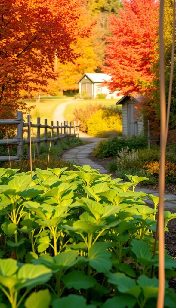 A cozy fall garden, with a lush, well-tended vegetable patch in the foreground. The plants are thriving, their leaves and stems illuminated by the warm, golden glow of the afternoon sun. In the middle ground, a winding path leads through a riot of autumn colors - vibrant reds, oranges, and yellows from deciduous trees and shrubs. The background is framed by a rustic wooden fence, with a small shed visible in the distance, its weathered boards reflecting the season's gentle embrace. The overall atmosphere is one of serenity and abundance, inviting the viewer to step into this peaceful, productive oasis.