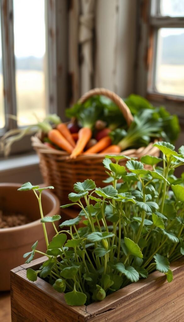 A cozy fall-winter harvest scene, lit by soft natural light. In the foreground, delicate mâche and claytonia greens grow in a simple wooden planter, their lush textures and gentle hues a study in nuance. Behind them, a small harvest basket overflows with a bountiful mix of autumnal vegetables - carrots, radishes, turnips, and more - complementing the earthy, muted tones. In the distance, a rustic window frames a tranquil outdoor landscape, hinting at the changing seasons. The overall mood is one of quiet contemplation, inviting the viewer to appreciate the simple pleasures of homegrown winter produce. A cozy fall-winter harvest scene, lit by soft natural light. In the foreground, delicate mâche and claytonia greens grow in a simple wooden planter, their lush textures and gentle hues a study in nuance. Behind them, a small harvest basket overflows with a bountiful mix of autumnal vegetables - carrots, radishes, turnips, and more - complementing the earthy, muted tones. In the distance, a rustic window frames a tranquil outdoor landscape, hinting at the changing seasons. The overall mood is one of quiet contemplation, inviting the viewer to appreciate the simple pleasures of homegrown winter produce.