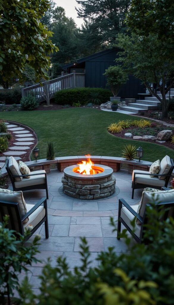 A cozy fire pit nestled in a serene garden, surrounded by lush foliage and natural stone pavers. Warm, soft lighting casts a gentle glow, creating a calming focal point. In the foreground, well-placed outdoor furniture invites relaxation, while the middle ground features a carefully curated arrangement of potted plants and decorative accents. The background showcases a meticulously landscaped yard, with a harmonious blend of textures and earthy tones. The entire scene exudes a sense of tranquility, inviting the viewer to imagine an evening of peaceful enjoyment around the fire pit. A cozy fire pit nestled in a serene garden, surrounded by lush foliage and natural stone pavers. Warm, soft lighting casts a gentle glow, creating a calming focal point. In the foreground, well-placed outdoor furniture invites relaxation, while the middle ground features a carefully curated arrangement of potted plants and decorative accents. The background showcases a meticulously landscaped yard, with a harmonious blend of textures and earthy tones. The entire scene exudes a sense of tranquility, inviting the viewer to imagine an evening of peaceful enjoyment around the fire pit.