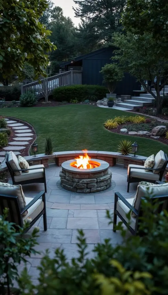 A cozy fire pit nestled in a serene garden, surrounded by lush foliage and natural stone pavers. Warm, soft lighting casts a gentle glow, creating a calming focal point. In the foreground, well-placed outdoor furniture invites relaxation, while the middle ground features a carefully curated arrangement of potted plants and decorative accents. The background showcases a meticulously landscaped yard, with a harmonious blend of textures and earthy tones. The entire scene exudes a sense of tranquility, inviting the viewer to imagine an evening of peaceful enjoyment around the fire pit.