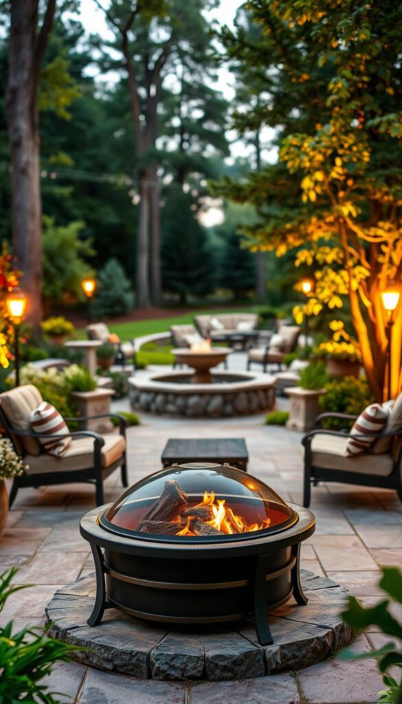 A cozy fire pit nestled in a serene outdoor setting, surrounded by lush greenery and soft lighting. In the foreground, a well-placed fire pit with a sturdy metal frame and a tempered glass shield, ensuring safe and comfortable placement. The middle ground showcases neatly arranged patio furniture, inviting guests to relax and enjoy the ambiance. In the background, a tranquil landscape with towering trees and a calming water feature, creating a harmonious, four-season-friendly atmosphere. The scene is bathed in a warm, golden glow from strategically placed outdoor lighting, enhancing the overall mood and safety. The entire composition conveys a sense of welcoming and carefully considered placement, ensuring a cozy and secure space for year-round enjoyment.