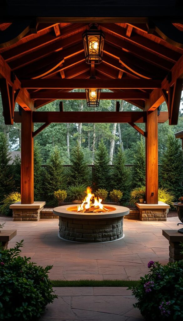 A cozy fire pit nestled within a rustic pergola, surrounded by lush greenery and a warm, inviting ambiance. The structure features ornate wooden beams and columns, casting gentle shadows on the natural stone patio below. Soft lighting illuminates the scene, creating a welcoming and intimate atmosphere for year-round outdoor gatherings. The flickering flames of the fire pit cast a mesmerizing glow, inviting guests to gather and enjoy the peaceful, four-season setting. The overall composition captures the perfect blend of elegant design and natural elements, elevating the outdoor living experience.