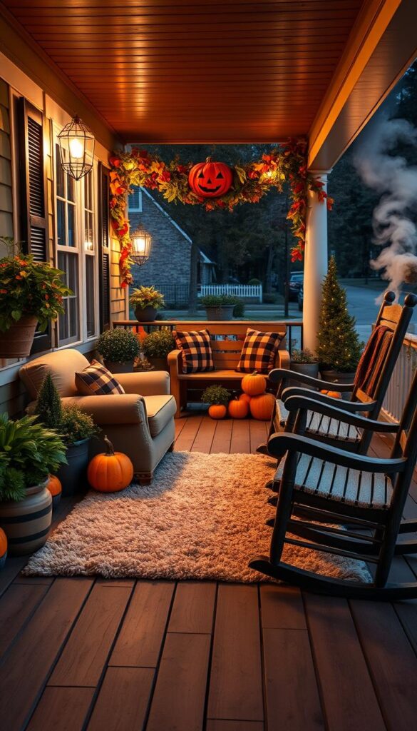 A cozy front porch on a crisp autumn evening, the warm glow of soft lighting casting a welcoming ambiance. A plush, oversized armchair is nestled in the corner, surrounded by lush potted plants and a rustic wooden bench adorned with plaid throw pillows. The porch railing is draped with garlands of vibrant fall foliage, complemented by a classic jack-o'-lantern and a few scattered pumpkins. The wooden floorboards are partially obscured by a plush, textured area rug, and a pair of weathered rocking chairs face the street, inviting passersby to stop and savor the tranquil scene. A subtle haze of campfire smoke drifts in the background, hinting at the cozy night ahead. A cozy front porch on a crisp autumn evening, the warm glow of soft lighting casting a welcoming ambiance. A plush, oversized armchair is nestled in the corner, surrounded by lush potted plants and a rustic wooden bench adorned with plaid throw pillows. The porch railing is draped with garlands of vibrant fall foliage, complemented by a classic jack-o'-lantern and a few scattered pumpkins. The wooden floorboards are partially obscured by a plush, textured area rug, and a pair of weathered rocking chairs face the street, inviting passersby to stop and savor the tranquil scene. A subtle haze of campfire smoke drifts in the background, hinting at the cozy night ahead.