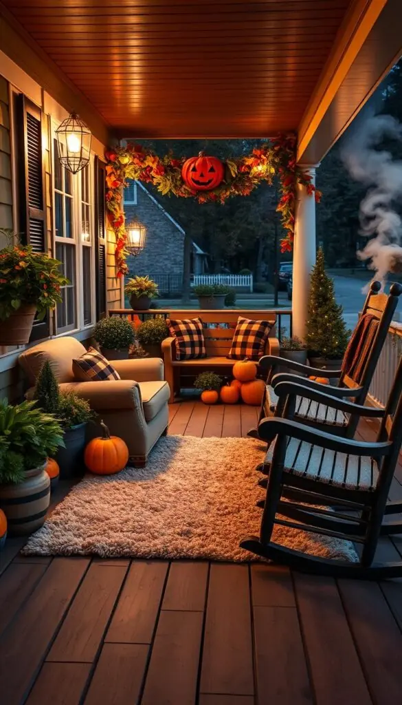 A cozy front porch on a crisp autumn evening, the warm glow of soft lighting casting a welcoming ambiance. A plush, oversized armchair is nestled in the corner, surrounded by lush potted plants and a rustic wooden bench adorned with plaid throw pillows. The porch railing is draped with garlands of vibrant fall foliage, complemented by a classic jack-o'-lantern and a few scattered pumpkins. The wooden floorboards are partially obscured by a plush, textured area rug, and a pair of weathered rocking chairs face the street, inviting passersby to stop and savor the tranquil scene. A subtle haze of campfire smoke drifts in the background, hinting at the cozy night ahead.