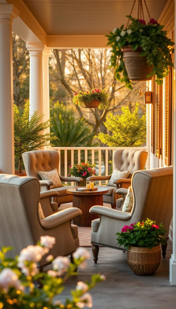 A cozy front porch with an inviting array of plush, high-backed chairs arranged in a conversational setting. The porch is bathed in warm, golden afternoon sunlight, casting a soft, inviting glow. In the foreground, the chairs are positioned around a small, rustic wooden coffee table, encouraging leisurely chats and relaxation. The middle ground features lush, verdant potted plants and hanging baskets, adding pops of color and a touch of nature. In the background, the porch is framed by classic white columns and a slatted wooden railing, hinting at the charming, traditional architecture of the home. The overall scene evokes a sense of comfort, connection, and the perfect spot to enjoy the fresh spring air.