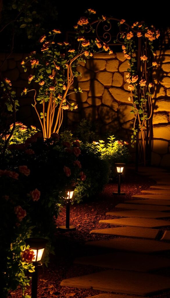 A cozy garden at night, softly illuminated by warm, ambient lighting. In the foreground, a path lined with solar-powered garden lights, gently guiding the way. Flowering bushes and shrubs cast gentle shadows, their blossoms subtly highlighted. In the middle ground, a ornate wrought-iron trellis supports cascading vines, their leaves and blooms aglow. Beyond, a stone wall frames the scene, its rough texture contrasting with the delicate play of light and shadow. The overall atmosphere is one of tranquility and enchantment, inviting the viewer to linger and bask in the beauty of the night-blooming garden. A cozy garden at night, softly illuminated by warm, ambient lighting. In the foreground, a path lined with solar-powered garden lights, gently guiding the way. Flowering bushes and shrubs cast gentle shadows, their blossoms subtly highlighted. In the middle ground, a ornate wrought-iron trellis supports cascading vines, their leaves and blooms aglow. Beyond, a stone wall frames the scene, its rough texture contrasting with the delicate play of light and shadow. The overall atmosphere is one of tranquility and enchantment, inviting the viewer to linger and bask in the beauty of the night-blooming garden.