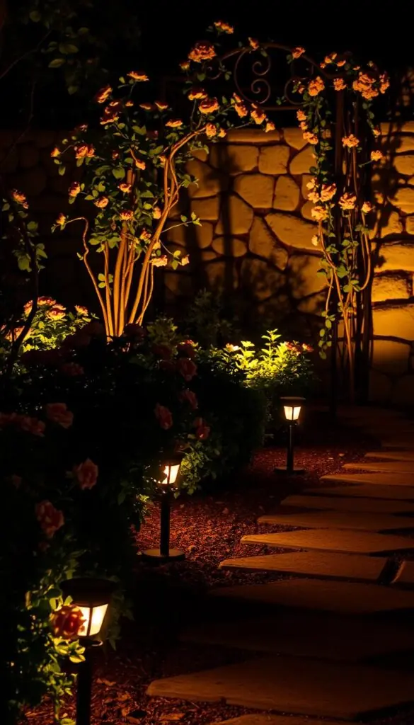 A cozy garden at night, softly illuminated by warm, ambient lighting. In the foreground, a path lined with solar-powered garden lights, gently guiding the way. Flowering bushes and shrubs cast gentle shadows, their blossoms subtly highlighted. In the middle ground, a ornate wrought-iron trellis supports cascading vines, their leaves and blooms aglow. Beyond, a stone wall frames the scene, its rough texture contrasting with the delicate play of light and shadow. The overall atmosphere is one of tranquility and enchantment, inviting the viewer to linger and bask in the beauty of the night-blooming garden. A cozy garden at night, softly illuminated by warm, ambient lighting. In the foreground, a path lined with solar-powered garden lights, gently guiding the way. Flowering bushes and shrubs cast gentle shadows, their blossoms subtly highlighted. In the middle ground, a ornate wrought-iron trellis supports cascading vines, their leaves and blooms aglow. Beyond, a stone wall frames the scene, its rough texture contrasting with the delicate play of light and shadow. The overall atmosphere is one of tranquility and enchantment, inviting the viewer to linger and bask in the beauty of the night-blooming garden.