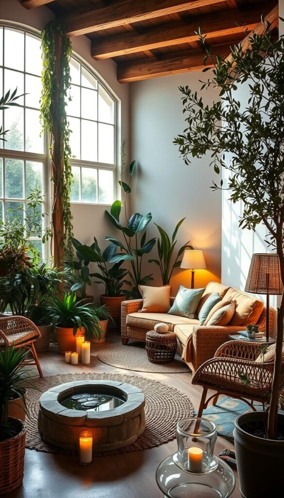 A cozy garden room lounge with lush greenery and natural lighting. A plush sectional sofa in earthy tones nestled among potted plants and trailing vines. Sunlight filters through large windows, casting a warm glow across the space. Rattan accent chairs and a woven area rug add texture. Wooden beams and whitewashed walls create a rustic, serene ambiance. Soft ambient lighting from floor lamps and candles set a tranquil, inviting mood. Potted olive trees and a small water feature bring the outdoors in, blurring the lines between interior and exterior. This intimate, nature-inspired setting evokes a sense of relaxation and renewal.