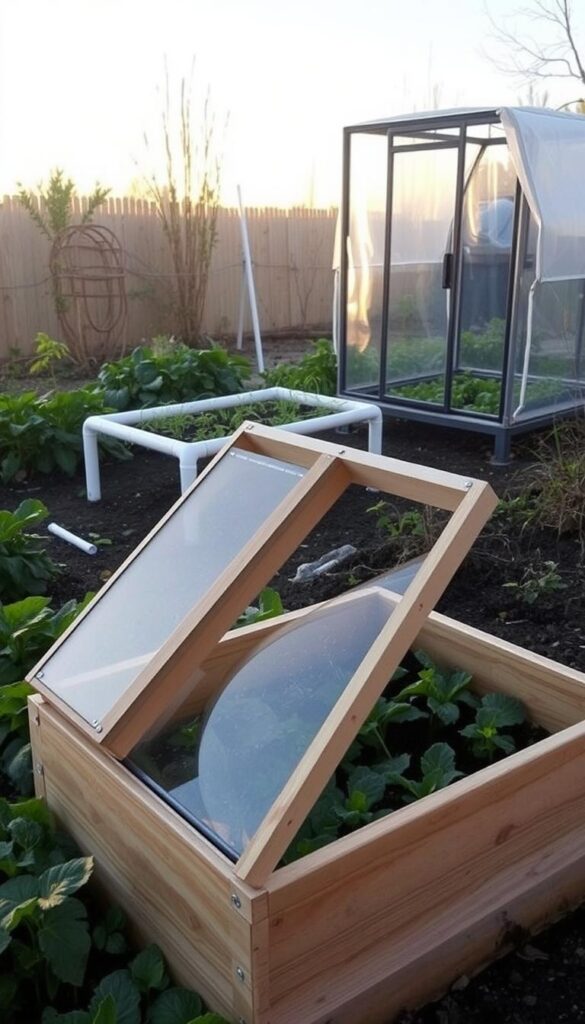 A cozy garden scene showcasing various cold frame designs and materials. In the foreground, a wooden cold frame with a slanted glass lid sits atop a lush vegetable patch, casting soft shadows. In the middle ground, a simple PVC pipe cold frame protects delicate seedlings, while a metal-framed cold frame with a plastic cover stands in the background, illuminated by the warm glow of the setting sun. The scene exudes a sense of tranquility and gentle experimentation, inviting the viewer to explore the possibilities of extending the growing season. A cozy garden scene showcasing various cold frame designs and materials. In the foreground, a wooden cold frame with a slanted glass lid sits atop a lush vegetable patch, casting soft shadows. In the middle ground, a simple PVC pipe cold frame protects delicate seedlings, while a metal-framed cold frame with a plastic cover stands in the background, illuminated by the warm glow of the setting sun. The scene exudes a sense of tranquility and gentle experimentation, inviting the viewer to explore the possibilities of extending the growing season.