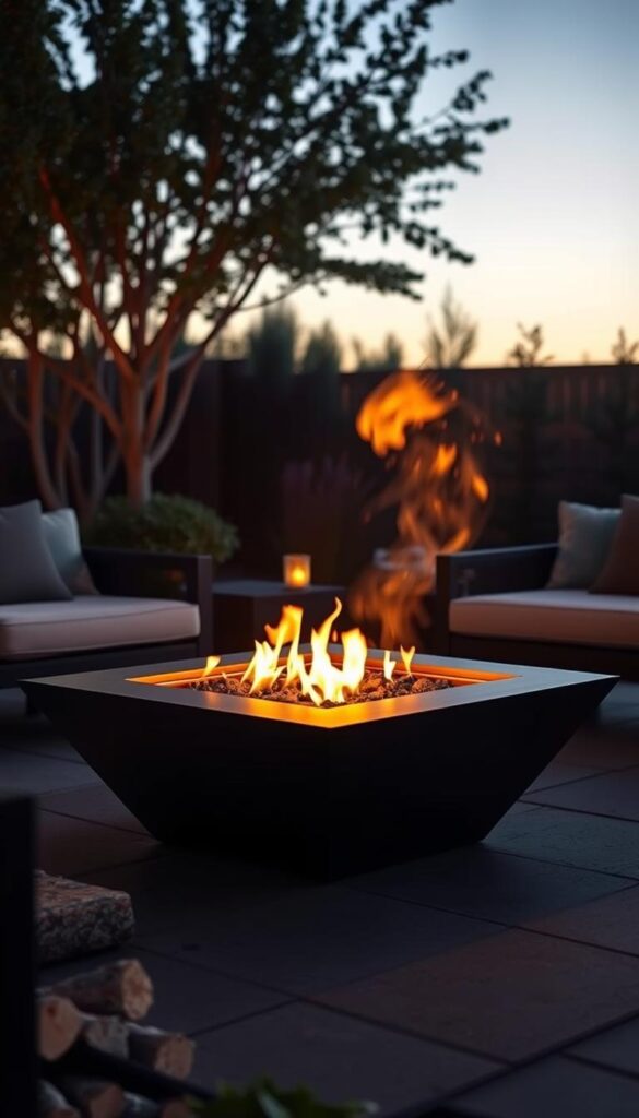 A cozy gas-powered fire pit nestled in a warm, inviting outdoor living space. The sleek, minimalist pit sits atop a stone patio, surrounded by plush outdoor furniture and lush greenery. Soft, ambient lighting casts a gentle glow, creating a tranquil and intimate atmosphere. The dancing flames flicker and cast mesmerizing shadows, inviting guests to gather round and bask in the soothing warmth on a cool evening. Subtle details like polished river rocks and a neatly arranged firewood stack add to the rustic, yet refined aesthetic. The scene evokes a sense of relaxation and comfort, perfect for intimate gatherings or quiet moments of reflection.