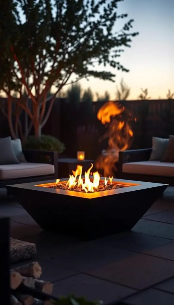 A cozy gas-powered fire pit nestled in a warm, inviting outdoor living space. The sleek, minimalist pit sits atop a stone patio, surrounded by plush outdoor furniture and lush greenery. Soft, ambient lighting casts a gentle glow, creating a tranquil and intimate atmosphere. The dancing flames flicker and cast mesmerizing shadows, inviting guests to gather round and bask in the soothing warmth on a cool evening. Subtle details like polished river rocks and a neatly arranged firewood stack add to the rustic, yet refined aesthetic. The scene evokes a sense of relaxation and comfort, perfect for intimate gatherings or quiet moments of reflection. A cozy gas-powered fire pit nestled in a warm, inviting outdoor living space. The sleek, minimalist pit sits atop a stone patio, surrounded by plush outdoor furniture and lush greenery. Soft, ambient lighting casts a gentle glow, creating a tranquil and intimate atmosphere. The dancing flames flicker and cast mesmerizing shadows, inviting guests to gather round and bask in the soothing warmth on a cool evening. Subtle details like polished river rocks and a neatly arranged firewood stack add to the rustic, yet refined aesthetic. The scene evokes a sense of relaxation and comfort, perfect for intimate gatherings or quiet moments of reflection.