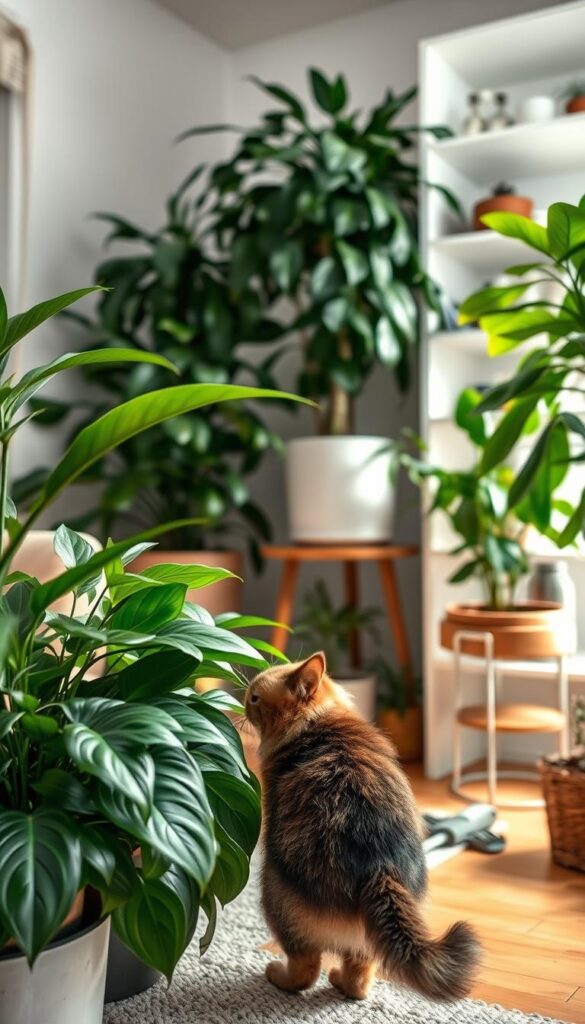 A cozy home interior with lush, air-purifying plants placed thoughtfully throughout. In the foreground, a curious cat or dog interacts safely with the greenery, supervised by the watchful owner. Soft, diffused lighting illuminates the scene, creating a warm, inviting ambiance. The middle ground features carefully selected tools and accessories for pet care and plant maintenance, neatly organized. The background showcases clean, modern shelving or surfaces, emphasizing the harmony between pets, plants, and a healthy, well-designed living space. The overall tone conveys a sense of balance, comfort, and responsible pet ownership. A cozy home interior with lush, air-purifying plants placed thoughtfully throughout. In the foreground, a curious cat or dog interacts safely with the greenery, supervised by the watchful owner. Soft, diffused lighting illuminates the scene, creating a warm, inviting ambiance. The middle ground features carefully selected tools and accessories for pet care and plant maintenance, neatly organized. The background showcases clean, modern shelving or surfaces, emphasizing the harmony between pets, plants, and a healthy, well-designed living space. The overall tone conveys a sense of balance, comfort, and responsible pet ownership.