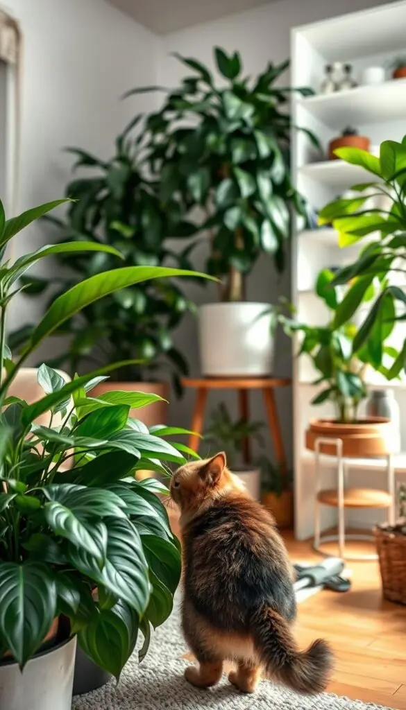 A cozy home interior with lush, air-purifying plants placed thoughtfully throughout. In the foreground, a curious cat or dog interacts safely with the greenery, supervised by the watchful owner. Soft, diffused lighting illuminates the scene, creating a warm, inviting ambiance. The middle ground features carefully selected tools and accessories for pet care and plant maintenance, neatly organized. The background showcases clean, modern shelving or surfaces, emphasizing the harmony between pets, plants, and a healthy, well-designed living space. The overall tone conveys a sense of balance, comfort, and responsible pet ownership. A cozy home interior with lush, air-purifying plants placed thoughtfully throughout. In the foreground, a curious cat or dog interacts safely with the greenery, supervised by the watchful owner. Soft, diffused lighting illuminates the scene, creating a warm, inviting ambiance. The middle ground features carefully selected tools and accessories for pet care and plant maintenance, neatly organized. The background showcases clean, modern shelving or surfaces, emphasizing the harmony between pets, plants, and a healthy, well-designed living space. The overall tone conveys a sense of balance, comfort, and responsible pet ownership.