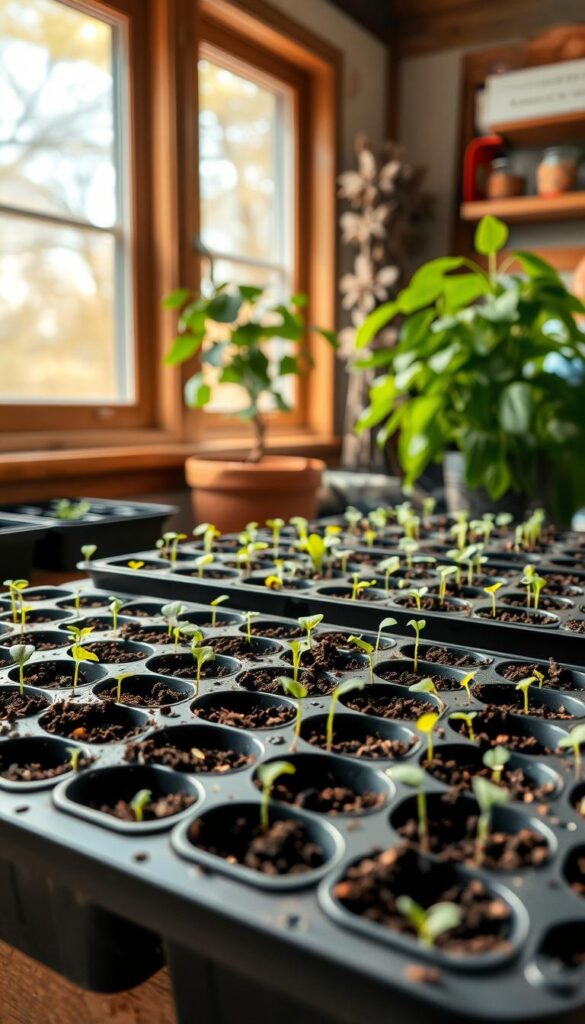 A cozy indoor garden, bathed in warm, natural light from a large window. Trays of soil-filled seed starting containers sit on a wooden workbench, each holding a variety of tiny sprouts peeking out from the surface. The air is crisp and still, allowing the delicate leaves to gently sway. In the background, a lush potted plant adds a touch of verdant ambiance. The scene evokes a sense of anticipation and the promise of new life, reflecting the early stages of a fruitful growing season. A cozy indoor garden, bathed in warm, natural light from a large window. Trays of soil-filled seed starting containers sit on a wooden workbench, each holding a variety of tiny sprouts peeking out from the surface. The air is crisp and still, allowing the delicate leaves to gently sway. In the background, a lush potted plant adds a touch of verdant ambiance. The scene evokes a sense of anticipation and the promise of new life, reflecting the early stages of a fruitful growing season.