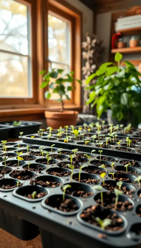 A cozy indoor garden, bathed in warm, natural light from a large window. Trays of soil-filled seed starting containers sit on a wooden workbench, each holding a variety of tiny sprouts peeking out from the surface. The air is crisp and still, allowing the delicate leaves to gently sway. In the background, a lush potted plant adds a touch of verdant ambiance. The scene evokes a sense of anticipation and the promise of new life, reflecting the early stages of a fruitful growing season. A cozy indoor garden, bathed in warm, natural light from a large window. Trays of soil-filled seed starting containers sit on a wooden workbench, each holding a variety of tiny sprouts peeking out from the surface. The air is crisp and still, allowing the delicate leaves to gently sway. In the background, a lush potted plant adds a touch of verdant ambiance. The scene evokes a sense of anticipation and the promise of new life, reflecting the early stages of a fruitful growing season.